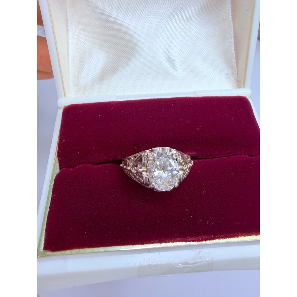 Vintage 925 Sterling Silver Filigree Ring Large Oval Clear Stone Size 8